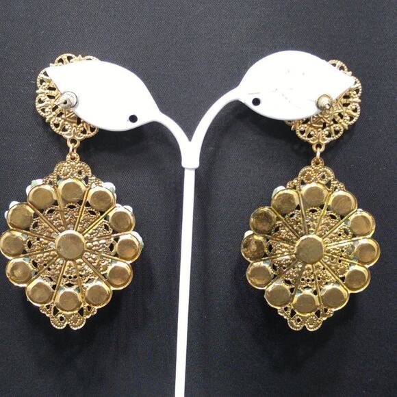 Vintage Floral Filigree Gold Post Dangle Earrings, Pink Blue Flowers, 3 Inches - Picture 5 of 12